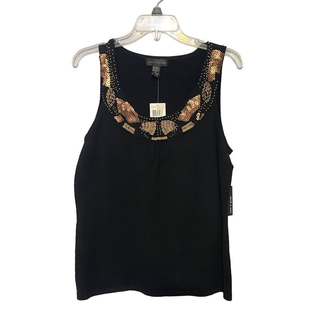 Cable & Gauge Black Knit Sleeveless Top Scoop Neck Beading Women's Medium NWT